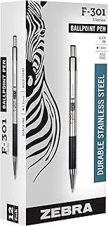 Zebra Pen F-301 Retractable Ballpoint Pen, Stainless Steel Barrel, Bold Point, 1.6mm, Black Ink, 12-Pack