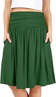 [bawilom] Plus Size Skirts for Women Knee Length Ruched Flowy Midi Skirt Loose Fit Casual Elastic High Waist Skirt with Pocket