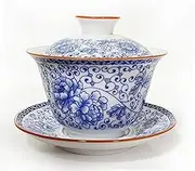 WEOPYCJ Chinese Tea Cup with Saucer, Traditional Ceramic Sancai Gaiwan and Cups, Porcelain Kungfu Tea Bowl with Lid Plate (6.8oz)