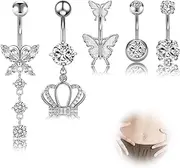 [YzmrBdqc] 5pcs Belly Button Bars, Dangly Belly Button Piercing, Collection Belly Button Bars, Belly Ring Dangly, Navel Bars Piercing, Butterfly Belly Piercing Jewellery, Dangly Piercing, Silver Belly Bar, As