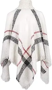 [QZUnique] Women Turtleneck Poncho Sweater Knit Cape Pullover Shawl Tassels Plaid