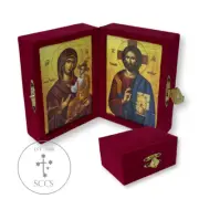 Mini Greek Orthodox Christian Diptych Icon Virgin Mary Jesus Christ Velvet Case