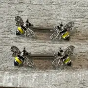 PAIR YELLOW BUMBLE BEE GEM NIPPLE RINGS PIERCINGS BARBELLS NEW 14 GAUGE 9/16"