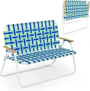 Costway Outdoor Double Camping Chair, Folding Webbing Beach Chair, Water-proof Lawn Chair with Armrest, Webbed Chair for Sports, Poolside, Garden, Metal Frame Patio Loveseat for 2, Support up to 300KG