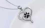 Silver Plate Heart With Black Paw Print Necklace 18” NWT