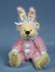 DEB CANHAM "FRU FRU" A MINIATURE LIGHT TAN MOHAIR BEAR IN PINK BUNNY SUIT