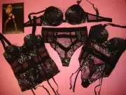 Victoria's Secret 34C BOMBSHELL BRA SET+garter TEDDY+CORSET BLACK silver foil
