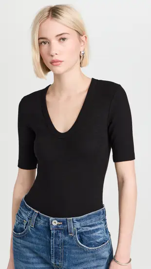 [Enza Costa] Textured Rib Half Sleeve Scoop Neck Tee