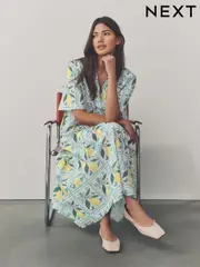 White Lemon and Blue Check Print Short Sleeve Drop Waist 100% Cotton Maxi Shirt Dress (AT3354) | $94