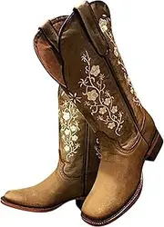 [Lausiuoe] Cowboy Boots For Women Wide Calf Wide Foot Embroidered Western Boots Knee High Chunky Heel Cowgirl Style Boot