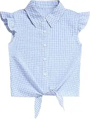 [Eymitory] Girls Sleeveless Button Down Shirt Plaid Crop Tank Tops Summer Tie Knot Ruffle Sleeve Shirts Blouses