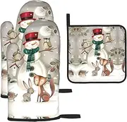 [Chrysm] Owl Standing On Snowman Oven Mitts and Potholders BBQ Gloves and Holders for Cooking Baking (3-Piece Set)
