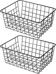 11" Upright Freezer Storage Baskets, Black Wire Storage Bins Small Bakset for Freezer, Pantry, Bathroom Organizing, Set of 2
