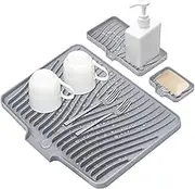 Silicone Dish Drying Mat for Kitchen Counter, Dish Drying Pad, Non-Slip Drain Pad with Built-in Drain, Heat Resistant Stone Drying Mat, 3 pcs (Grey)