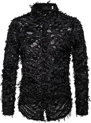 [Generic] Long Sleeve Shirts for Men Feather Shirt Button Down Blouse Club Wear T-Shirts Casual Event Party Prom Tops Clothes