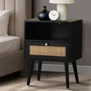 Oikiture Bedside Table Side Table Storage Drawer Shelf Nightstand Rattan Black