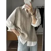 V-Neck Sweater Vest / Collared Plain Shirt Vest - Oatmeal - L