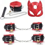 Sex Bondage 4Pcs Bondage Set Leather Anklecuffs +Handcuffs+Collar+ mask+5 Lock Sex Toys For Adult Games for Couples on Bed Restraints Toys