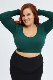 Green Top Long Sleeve V-neck Seamless