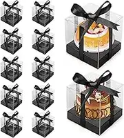 Anglecai 12 Pack Clear Plastic Cupcake Boxes, 3.5 Inch Gold Single Cupcake Containers Disposable Individual Cup Cake Carrier Holder Boxes with Inserts and Ribbon (Black)