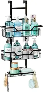 MOTRAIN Adjustable Over the Door Shower Caddy, 3 Tier Rustproof Metal Organizer with Hooks, Soap Holder & Towel Racks, No-Drilling Extra Large Bathroom Storage Rack Basket, Black