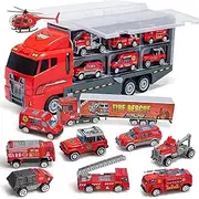 Manrock Fire Truck Set for Kids Toy Carrier Truck with 10 Die Cast Car Rescue Vehicle for Boy