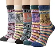 [Justay] Pack of 5 Womens Vintage Style Cotton Knitting Wool Warm Winter Fall Crew Socks, Mixed Colors One Size