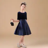 在飛比找ETMall東森購物網優惠-深藍色絲絨晚禮服中袖兒童鋼琴