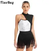 Womens Sequins Tassel Latin Dance Dress Cutout Front Sleeveless Fringed Leotard