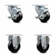 3 Inch Hard Rubber Wheel Swivel Top Plate Caster Set with 2 Brake 2 Rigid SCC