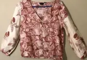Tahari 100% Linen Long Sleeve Button Down Top Floral/Leaf Print Blouse Sz XS NWT
