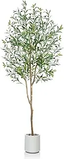 Lenamos Olive Trees Artificial Indoor, Tall Faux Olive Tree with White Tall Planter, Artificial Plants with Natural Wood Trunk and Lifelike Fruits for Home Office Decor (6ft/180cm)
