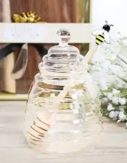Glass Honey Pot and Dipper Bee Kitchen Jar Decor 16cm French Farmhouse