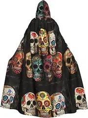 Sugar Skulls Print Elegant Hooded Cloak For Women Men For Cosplay Carnival Parties Masquerade Events, Black