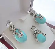 TURQUOISE EARRINGS & PENDANT SET HANDMADE RUSSIAN SOLID STERLING SILVER 925