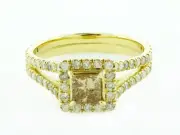 1.5Ct Princess Champagne Diamond Halo Split Shank Engagement Ring 18K Yellow Gol