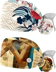 [YTYVAGT] 2-Pc,Nurse Scrub Caps,Scrub Hats with Buttons and Cotton Sweatband,Blue Fan Flower Chinese Pattern