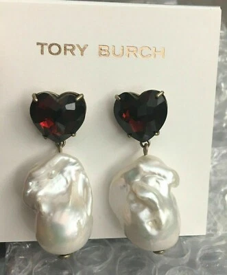 Tory Burch CRYSTAL HEART & PEARL DROP EARRINGS Burgundy Smoky Topaz (New)