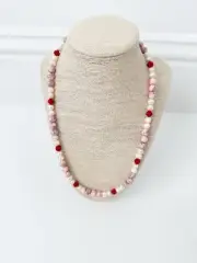 NWT Genuine Red Coral, Pink Howlite & Pearls Necklace Beaded Red Pink White