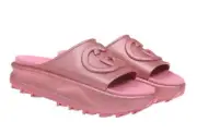 NEW GUCCI METALLIC ROSE PINK LOGO PLATFORM WEDGE SLIDES SANDALS SHOES 42/US 12