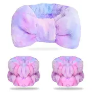 Spa Headband and Matching Wrist Bands for Washing Face, Fuzzy Skincare Bow