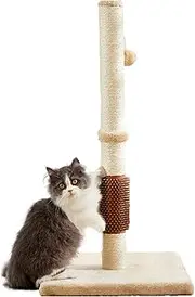 32" Cat Scratching Post,Sisal Rope Cat Scratcher with Self Groomer Brush, Tall Cat Claw Scratching Post with Hanging Ball (Brown)
