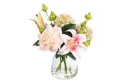 Glamorous Fusion Peony & Pink Lily Artificial Fake Plant Flower Decorative Arrangement 28cm In Glass