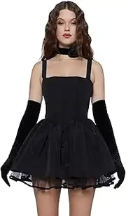 [Dolls Kill] Magic Moves Corset Dress – Taffeta Dress with Fishnet Mesh Petticoat & Lace-Up Back – Black