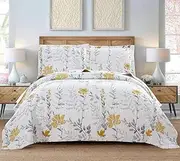 Floral Quilt Set - Queen Size Reversible Bedspread & Coverlet with Pillow Shams - Lightweight for Spring/Summer - Grey & Yellow