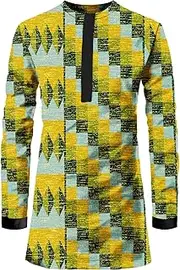 [ATLYCOLOR] African Mens Shirt Traditional Long Sleeve Dashiki Print Cotton Wax Cloth Top