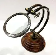 Glass Magnifying Wooden Stand Brass Vintage Magnifier Desk Top Nautical