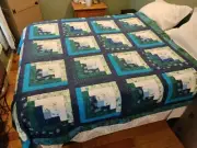 Quilt Blue Log Cabin Twin Handmade White Teal New