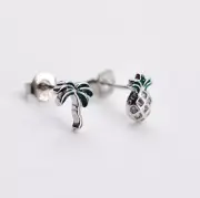 Tiny Silver Green Leaf Coconut Tree Pineapple Pave Cubic Zirconia Stud Earrings