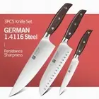 3Pcs Knife Set Chef Santoku Utility Stainless Steel Full Tang Wood Handle Slice